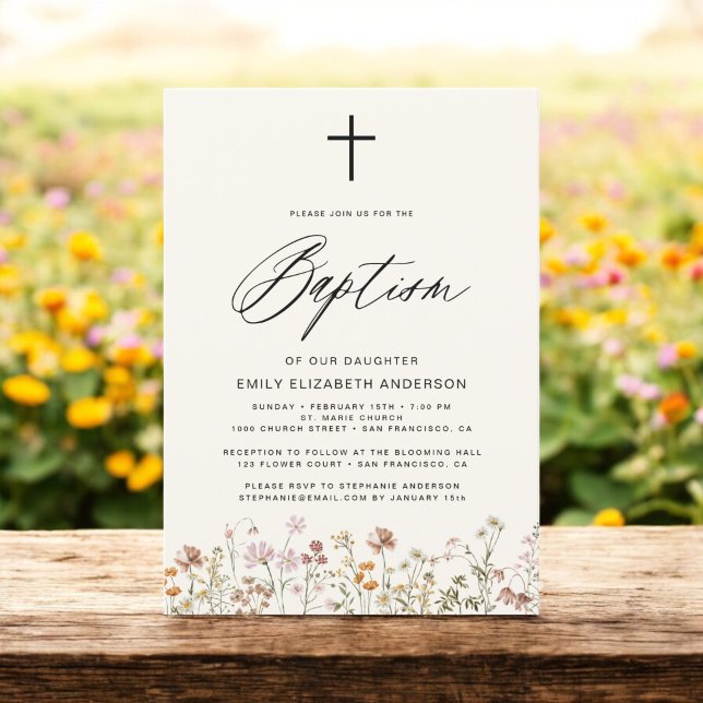 Wildblomskript Neutralt Beige Baptism Inbjudningar (Skapare uppladdad)