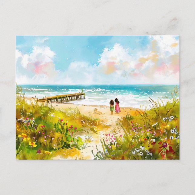 Wildblomskugga nära strand med barn vattenkok helg vykort (Framsida)