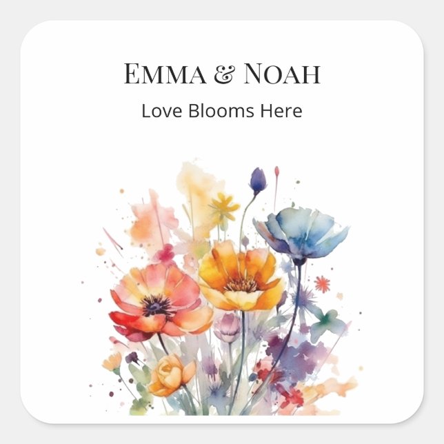 Wildblomssymfoni: Färgfull Vår Watercolor Fyrkantigt Klistermärke (Framsida)