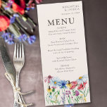 Wildblomster Charm Land Blommigt Bröllop Menu Meny<br><div class="desc">Menykort för Wildblomma bröllop med blommor av vild med vattenfärg. Denna botaniska utformning i land har en söt gräns av vilda blommor, inklusive baljväxter av daisy, blomkoppsfrökonfektion av knölar av svärdfisk och klöver. En elegant modern blommigt med bohemisk trädgårdstema. Bläddra i min butik i samlingen Wildblomma Charm för matchande artiklar....</div>