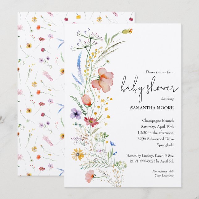 Wildblomsterbabyskor Inbjudningar (Fram/baksida)