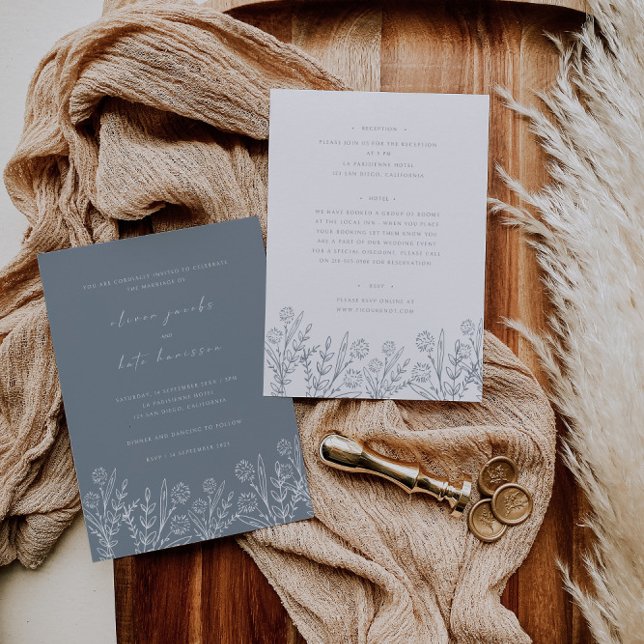 Wildblomsterblått fram och vit bak Bröllop Inbjudningar (Skapare uppladdad)