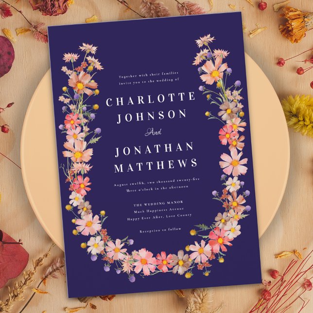 Wildblomsterblommor Blue Fall Wedding Inbjudningar (Elegant Wildflower navy blue fall wedding invitation )