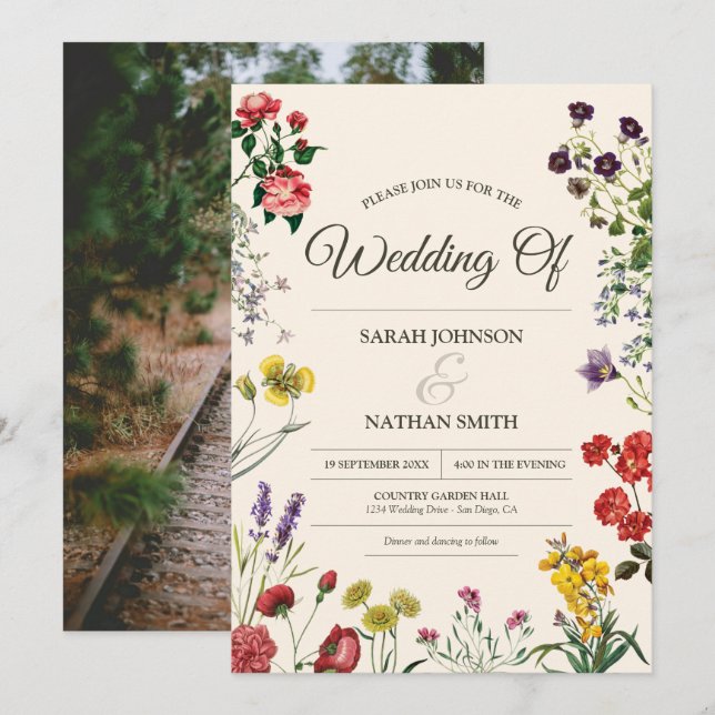 Wildblomsterbröllopsinbjudan med Anpassningsbar Ph Inbjudningar (Fram/baksida)