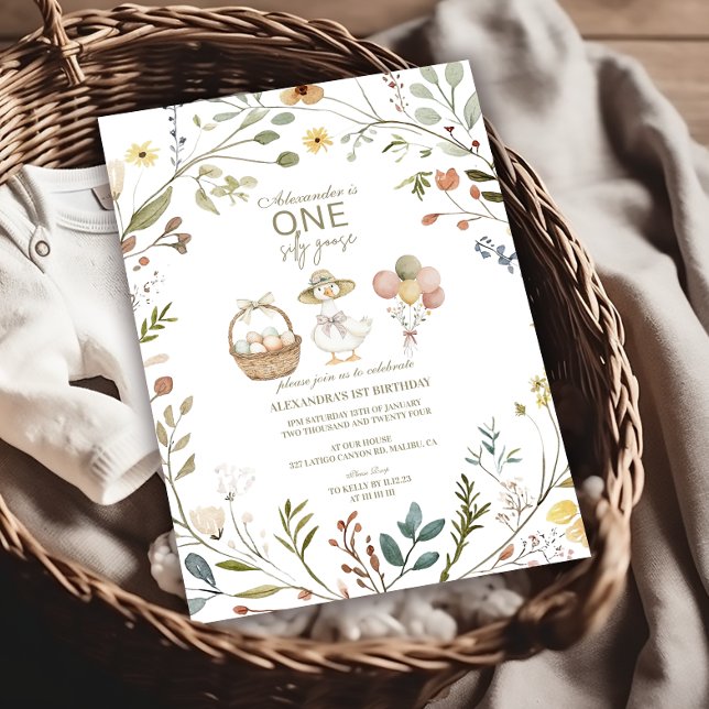 WildblomsterFåniget Goose 1:a födelsedagen Inbjudningar (Skapare uppladdad)