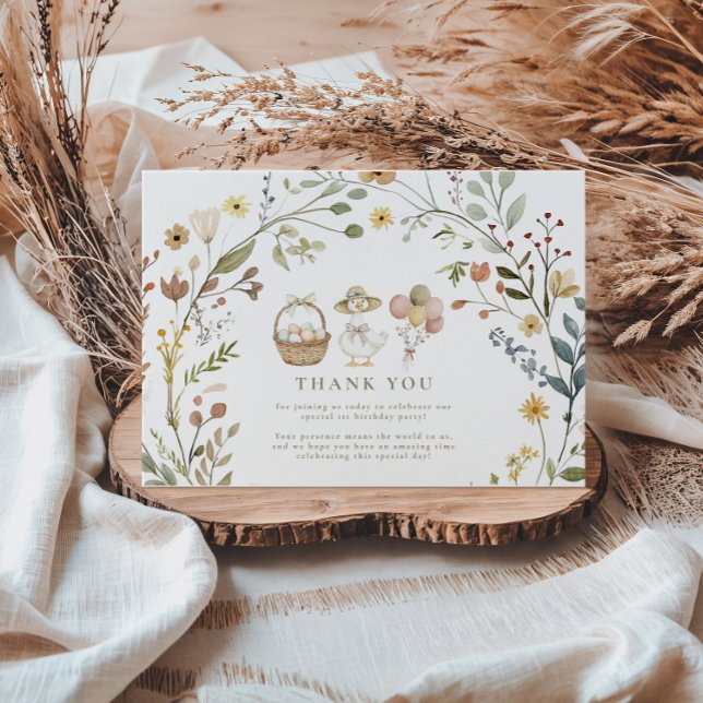 WildblomsterFåniget Goose 1:a födelsedagen Tack Kort (Skapare uppladdad)