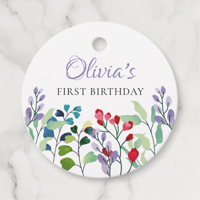 Wildblomsterfärgad Blommigt 1:a födelsedag Gåvor Etiketter (Framsida)