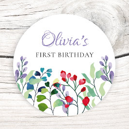 Wildblomsterfärgad Blommigt 1:a födelsedag Runt Klistermärke