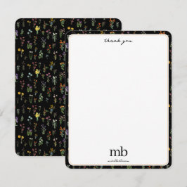 Wildblomsterfärgad svart botanisk Blommigt Tack Kort