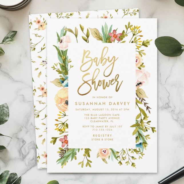 Wildblomsterfärgning GULD Calligraphy Baby Shower Inbjudningar (Skapare uppladdad)