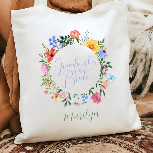 Wildblomsterfarmor i Bride Bröllop Tygkasse (Grandmother of the bride wildflower floral wreath tote bag gift)