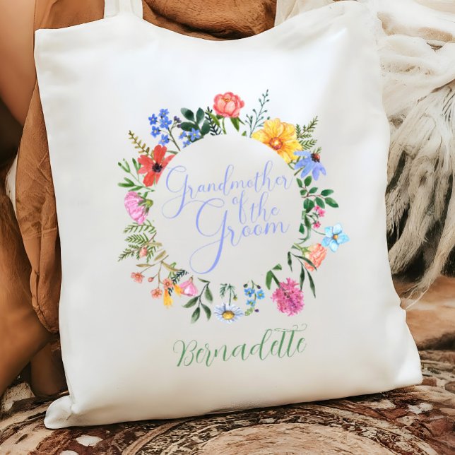 Wildblomsterfarmor i Groom Bröllop Tygkasse (Grandmother of the groom gift. Wildflower watercolor boho floral tote bag)