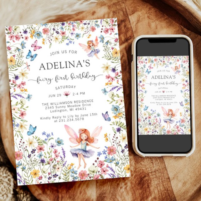 Wildblomsterfjäril 1:a födelsedagsinbjudan inbjudningar (Wildflower Fairy Butterfly 1st Birthday Invitation)