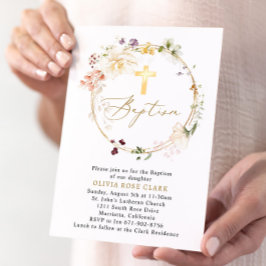 Wildblomsterkrans Baptism Christening Guld Ram Inbjudningar