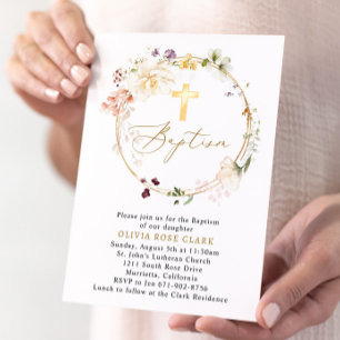Wildblomsterkrans Baptism Christening Guld Ram Inbjudningar