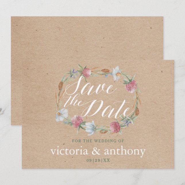 Wildblomsterkrans på Kraft Land Spara datumet (Fram/baksida)