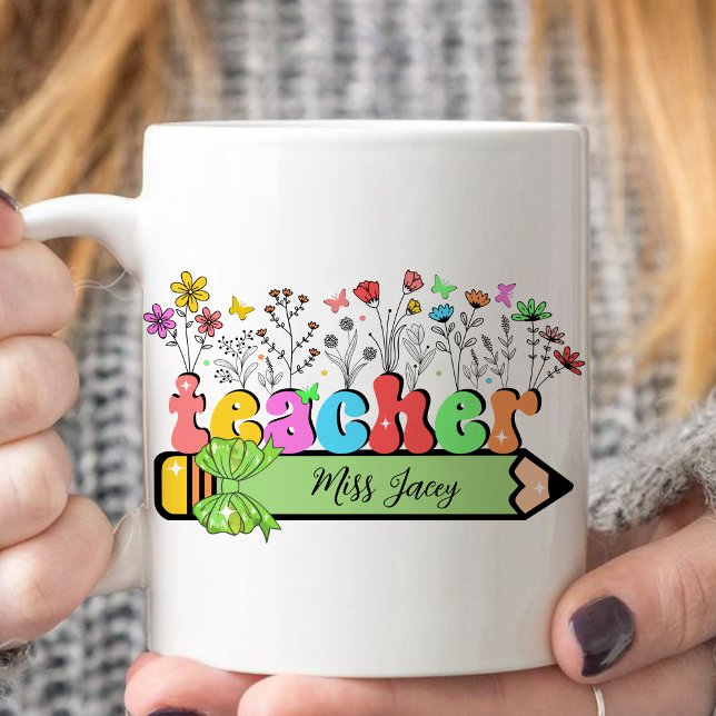 Wildblomsterläraren Namn Personlig, lärargåva Kaffemugg (Wildflower Teacher Name, Custom Teacher name, Personalized Teacher, Gift for Teacher mug)