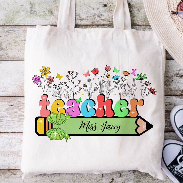 Wildblomsterläraren Namn Personlig, lärargåva Tygkasse (Wildflower Teacher Name, Custom Teacher name, Personalized Teacher, Gift for Teacher tote bag)