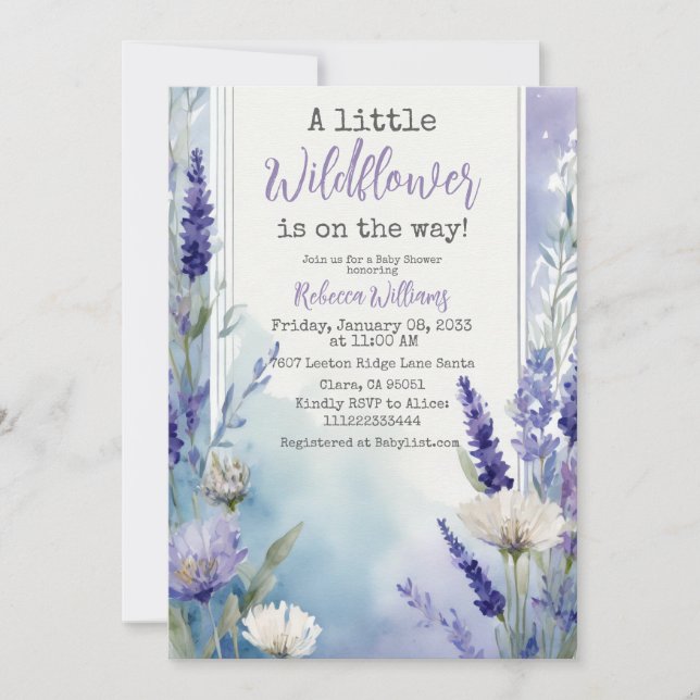 Wildblomsterlavender Blue Blommigt Baby Shower Inbjudningar (Framsida)