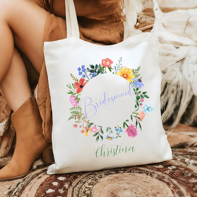 Wildblomsterskript Bröllop Tygkasse (Bridesmaid Wildflower boho watercolor floral custom name and color wedding tote gift)