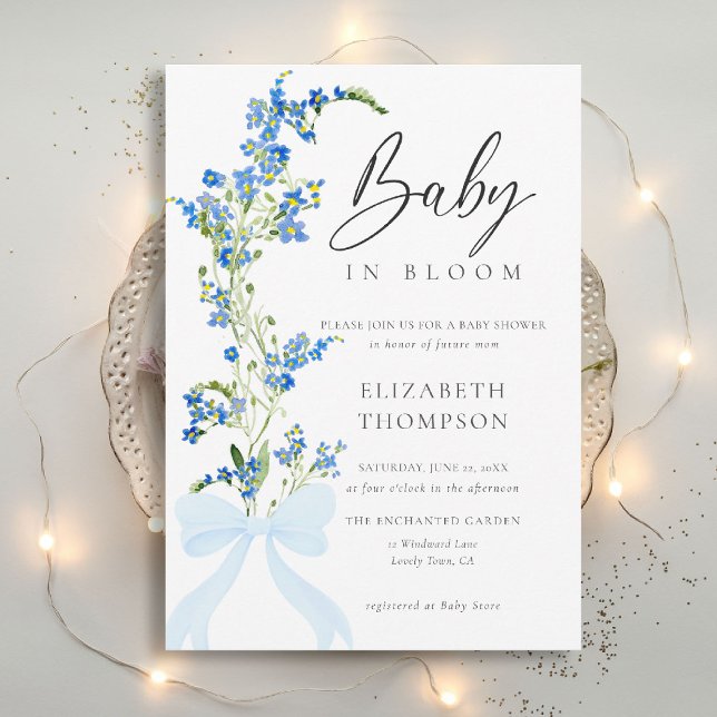 Wildblomstersoft Bloom Blue Bow Elegant Baby Showe Inbjudningar (wildflowers baby shower invitation blue bow elegant garden party romantic watercolor rustic boho)