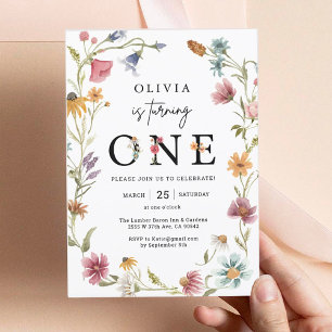 Wildblomstertema Girl 1:a födelsedagsinbjudan Inbjudningar