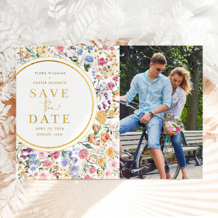 Wildblomsterträdgårdsbröllop Spara datumfoto Meddelande Vykort