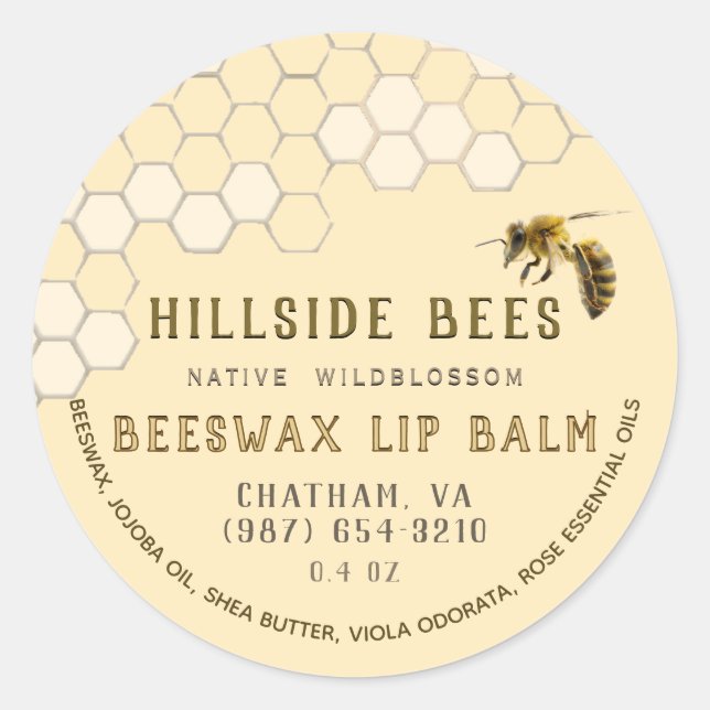 Wildblomswax Lip Balm-etikett Honeycomb & Bee Runt Klistermärke (Framsida)