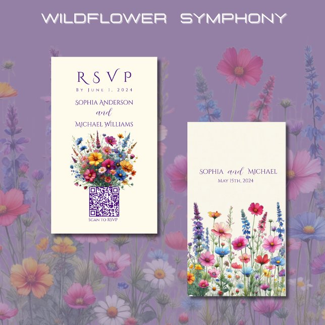 Wildblomsymfoni-OSA-QR-kod Visitkort (Wildflower Symphony Wedding RSVP QR Code-Colorful, Rustic, Country, Bohemian, Elegant)