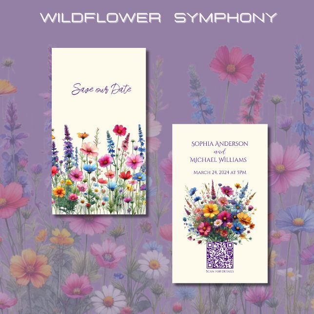 Wildblomsymfony-Bröllop spara datum- Visitkort (Wildflower Symphony Wedding Save the Date-Colorful, Rustic, Country, Bohemian, Elegant)
