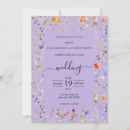 Wildblomtypografi lila bröllop inbjudningar