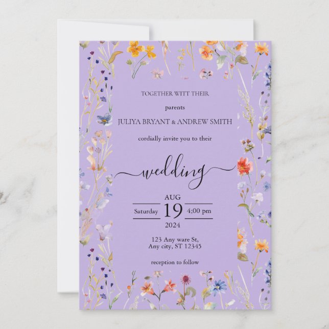 Wildblomtypografi lila bröllop inbjudningar (Framsida)