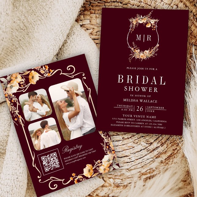 WildblomVapensköld QR Code Burgundy Möhippa Inbjudningar (Skapare uppladdad)