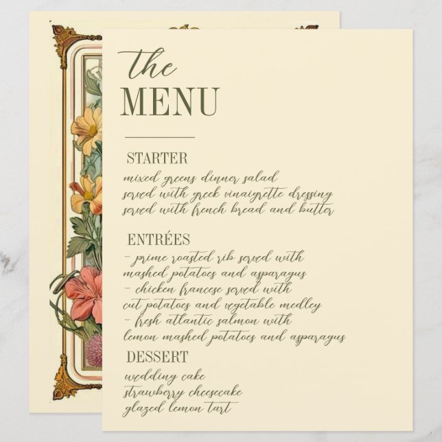 WildblomVictorian Ornate Gräns Bröllop Menu (Fram/baksida)