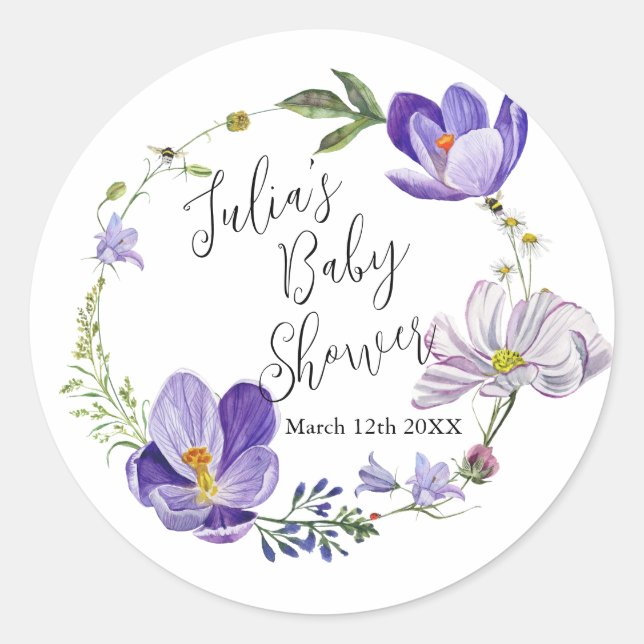 WildblomViolet Baby Shower Runt Klistermärke (Framsida)