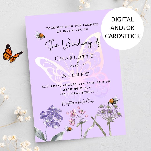 Wildblomviolett rosa butterfly bröllop inbjudningar (Skapare uppladdad)