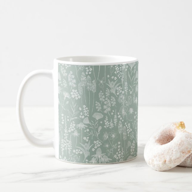 Wildblomvita på sage-grönt kaffemugg (Med munk)