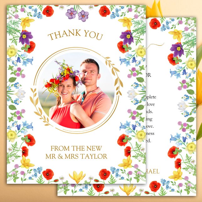 WildblomWhite Photo Bröllop - tackkort Tack Kort (Wildflower White Photo Wedding Thank You Card)