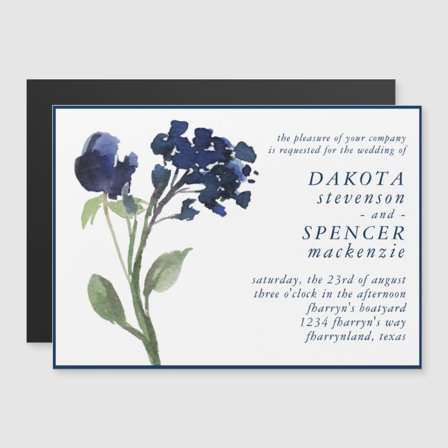 Wildbloom | Klassisk Blue Bohemian Flowers Keepsak Magnetisk Inbjudningskort (Fram/baksida)