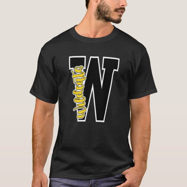 Wildcat Brev School Spirit Mascot Black Gult T Shirt (Framsida)