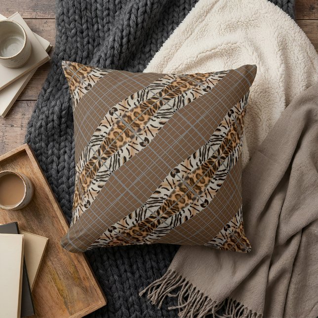 Wildcat Matrix - Bengal Cat Leopard Coffee Pillow Kudde (Abstract throw pillow is placed on blakets.)