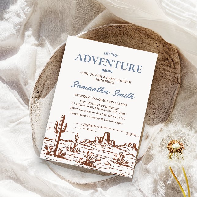 Wilderness Desert Låt Äventyr börja med babysknapp Inbjudningar (Boys Wilderness Desert Let the Adventure Begin Baby Shower Invitation, Wilderness Themed Baby )