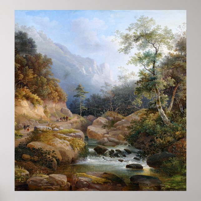 Wilderness Hikers Mountain Stream Waterfall Poster (Framsidan)