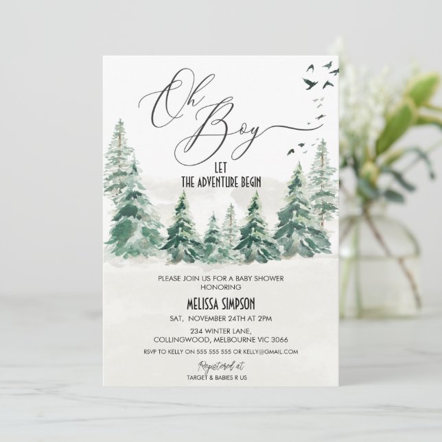 Wilderness Oh Boy Calligraphy Baby Shower Inbjudningar (Stående Fram)