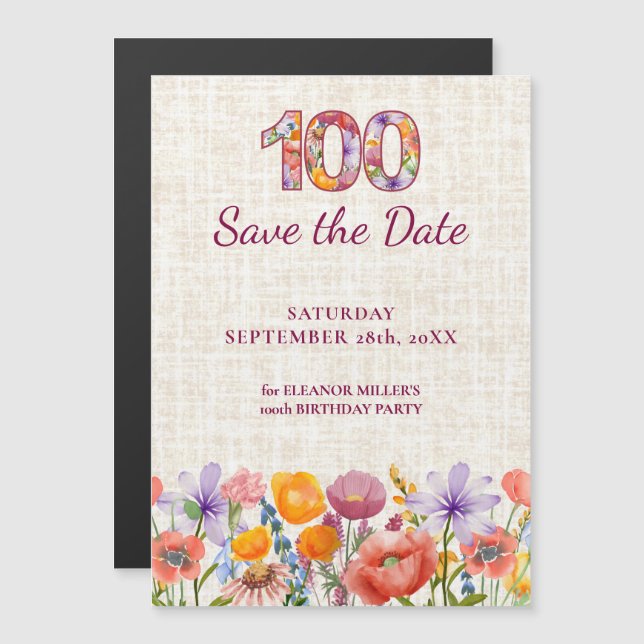 Wildflower 100th Birthday Save the Date Magnetisk Inbjudningskort (Fram/baksida)
