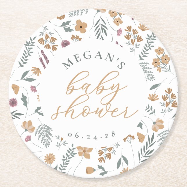 Wildflower Baby Shower Coasters - Orange Underlägg Papper Rund (Framsidan)
