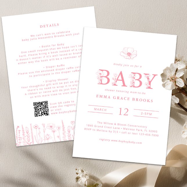 Wildflower Baby Shower Details Back Inbjudningar (Wildflower - Pink Baby Shower Invite)