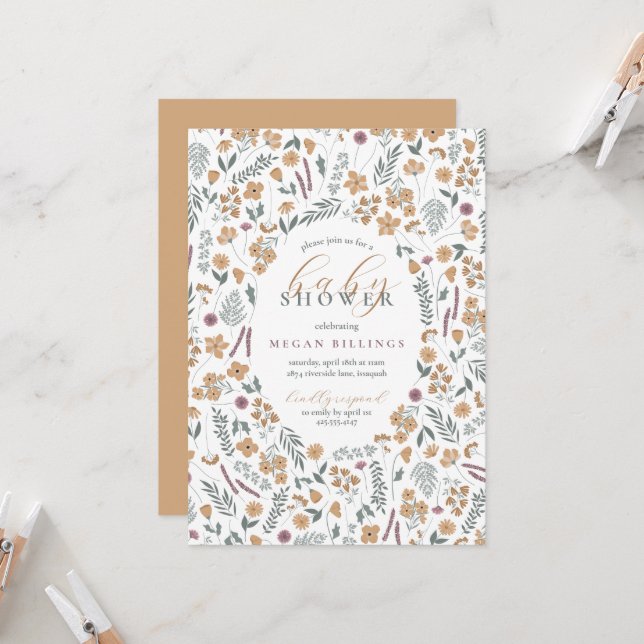 wildflower baby shower invitation - light orange inbjudningar (Fram/Back In Situ)