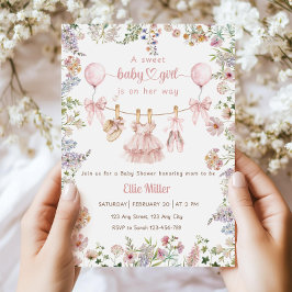 Wildflower Baby Shower Invitation, Pink Bow Floral Inbjudningar