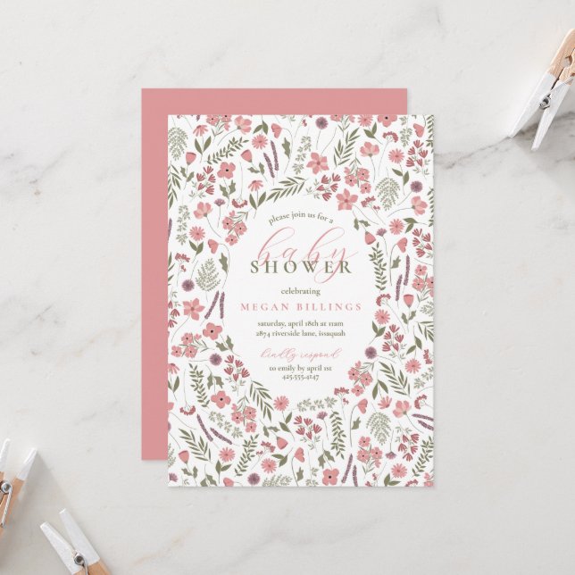 wildflower baby shower invitation - pink inbjudningar (Fram/Back In Situ)